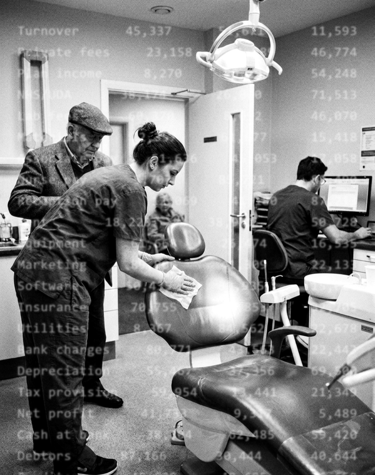 Inside a busy dental surgery — the nurse in grey scrubs wipes the chair down the moment the patient stands up while the dentist is already back-turned typing notes, the next patient waiting outside the door — with a faint ledger of practice figures (turnover, lab fees, staff costs, net profit, cash at bank) double-exposed over the scene — black and white photograph